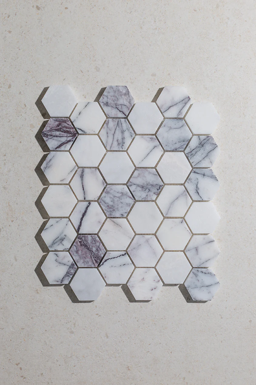 Carrara Viola Dusk Honed Marble Hexagon Mosaic - Image 4